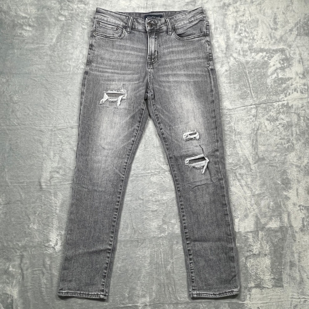 Aeropostale Athletic Slim Jeans Mens Gray Distressed Ripped Stretch Denim 28x30